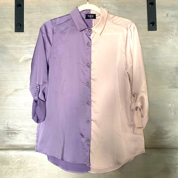 Vici Color Block (Lavender/Lilac) Satin Shirt. Beautiful Button Detail. - Picture 2 of 5